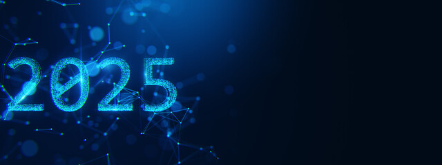 Poster - 2025 digital futuristic glowing text with interconnected nodes on dark blue background. Concept of modern technology and virtual connections. 3D Rendering