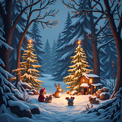 Wall Mural - cozy woodland gathering with adorable creatures in a snowy winter landscape, digital art of fantasy 