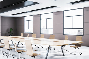 Poster - Modern conference room interior with large wooden table, beige chairs, large windows, and cityscape view, emphasizing luxury office design. 3D Rendering