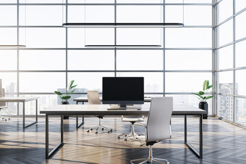 Poster - Modern office interior with work desks and chairs in a bright room with large windows and city view. 3D Rendering