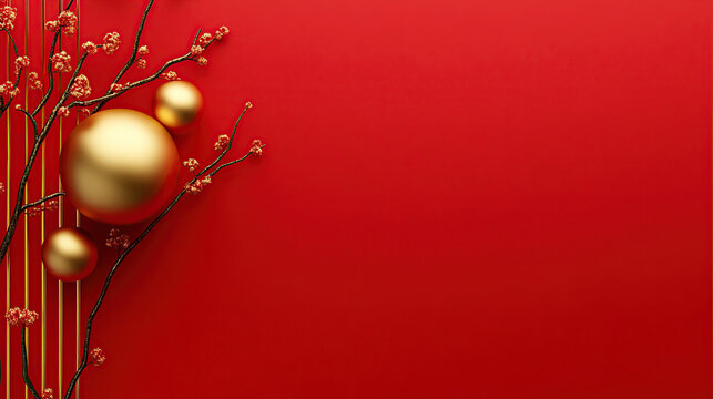 Chinese New Year background with golden decorations on a red wall, minimalist style, Chinese elements, simple composition