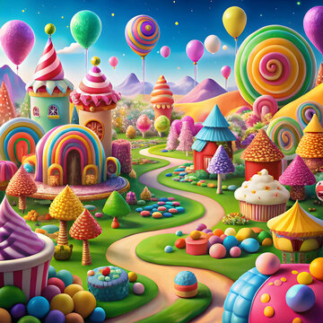 A whimsical Candyland world, filled with candy-shaped trees, chocolate rivers,