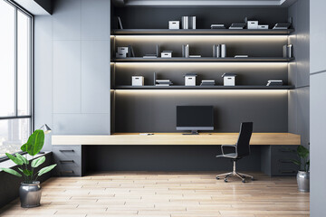 Poster - Modern workspace with wooden table, black chair, computer monitor, bookshelves, plants, and city view through large windows. 3D Rendering