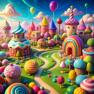 A whimsical Candyland world, filled with candy-shaped trees, chocolate rivers,