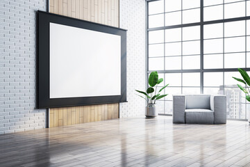 Poster - Modern office interior with large blank screen, potted plants, armchair, bright windows, and wooden flooring. 3D Rendering