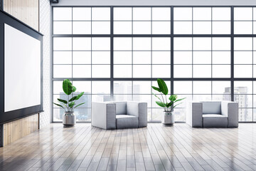 Poster - Modern office interior with armchairs, potted plants, and large windows overlooking the city, featuring wooden flooring. 3D Rendering