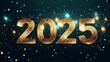 © Todd's Studio - A dazzling Happy New Year 2025 design featuring glittering golden numbers '2025' illuminated against a rich dark green background,