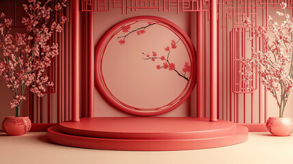 Wall Mural - the circular podium is red, and the background wall features elements of traditional chinese archite