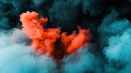 Poster - Bright red and blue smoke billows against a dark background, creating a striking contrast. vibrant colors intertwine, forming an abstract design that captures attention