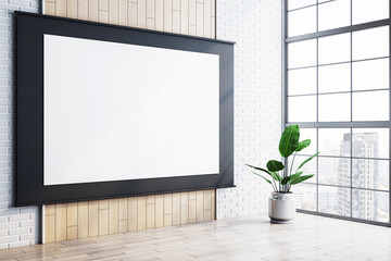Poster - Modern office interior with blank screen, potted plant, and large window overlooking the city, clean and minimalist design. 3D Rendering