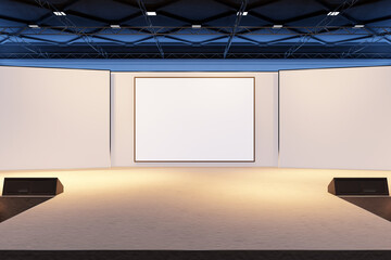 Poster - Modern exhibition stage with white blank panels and spotlighting in a spacious hall. 3D Rendering
