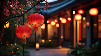 Chinese New Year, red lanterns hanging in the courtyard at night, warm lights illuminating the scene