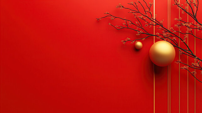 Chinese New Year background with golden decorations on a red wall, minimalist style, Chinese elements, simple composition