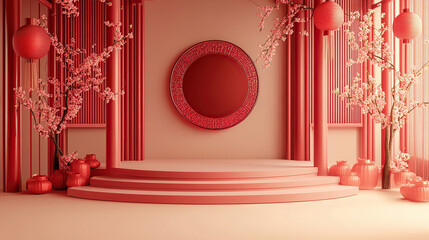 Wall Mural - the circular podium is red, and the background wall features elements of traditional chinese archite
