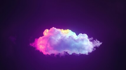 A single cloud illuminated with a vibrant mix of pink, blue, and yellow glows against a deep purple backdrop.