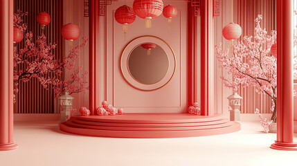 Wall Mural - the circular podium is red, and the background wall features elements of traditional chinese archite