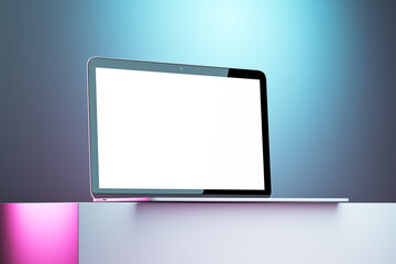 Poster - Modern laptop with blank screen on a minimalistic stand and gradient background under spotlight. 3D Rendering