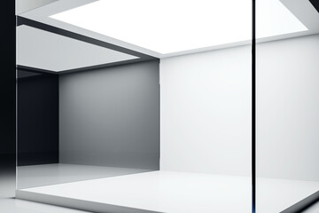 Poster - Modern exhibition stand with glass wall, white podium, and gray interior space illuminated by soft light. 3D Rendering