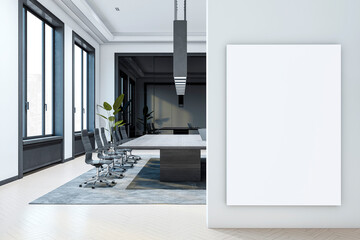 Poster - Modern conference room interior with large table, chairs, and blank vertical poster on wall near windows overlooking city view. 3D Rendering