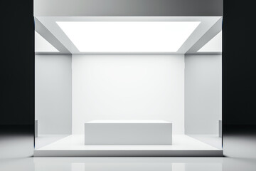 Poster - Modern white exhibition stand with illuminated ceiling, empty podium in sleek interior space, dark reflective sides. 3D Rendering
