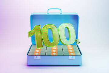 Poster - Briefcase filled with money stacks and bold 100 sign on gradient background. 3D Rendering