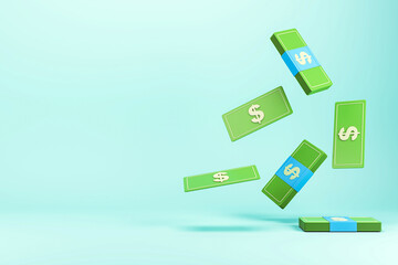Poster - Abstract view of floating green dollar bills with a light blue background showcasing a financial and savings concept. 3D Rendering