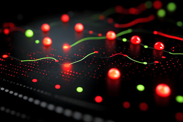 Poster - abstract data visualization with glowing red and green nodes on dark background, showing lines and d