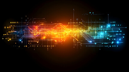 Poster - Abstract digital circuit board glowing with orange and blue light.