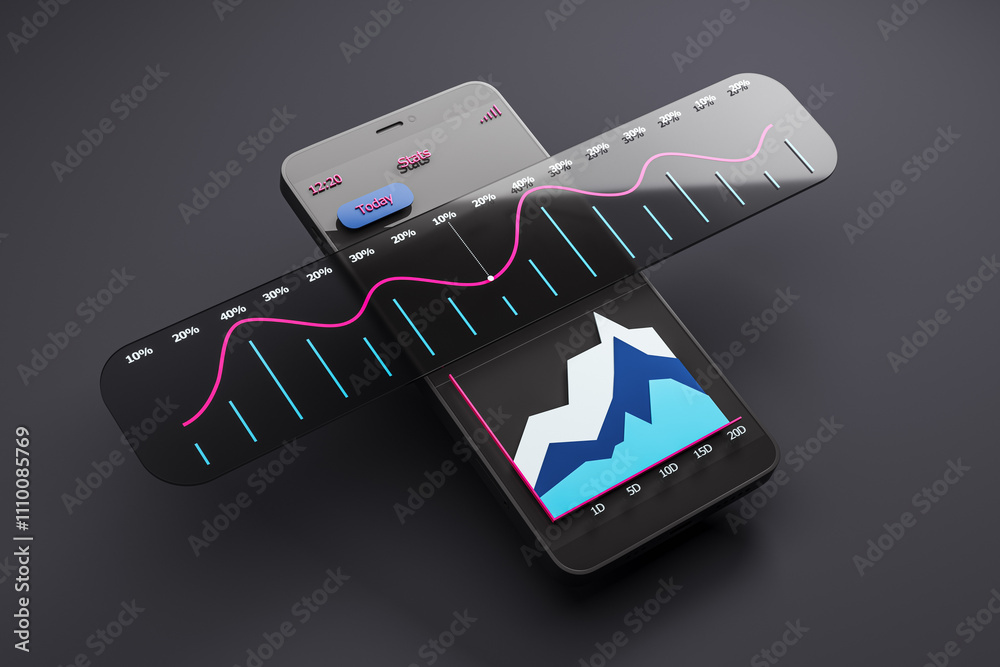 Smartphone displaying digital graphs and charts for financial analytics ...