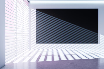 Poster - Empty room with sunlight streaming through blinds casting shadows on the floor and walls, featuring a black board on the white wall. 3D Rendering