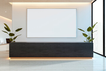 Poster - Modern reception desk in contemporary interior with blank wall frame, indoor plants, and large windows overlooking cityscape. 3D Rendering