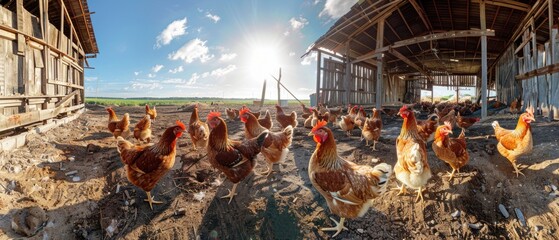 Wall Mural - Hens gather near a barn at sunset