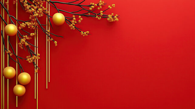 Chinese New Year background with golden decorations on a red wall, minimalist style, Chinese elements, simple composition