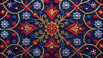 intricate floral embroidery on dark fabric a detailed close-up shot showing rich colors and textures
