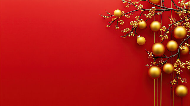 Chinese New Year background with golden decorations on a red wall, minimalist style, Chinese elements, simple composition