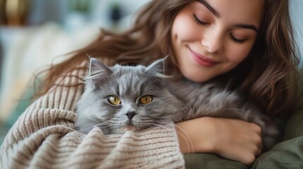 Woman and cat cuddle on couch