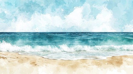 A serene watercolor beach scene with turquoise waves gently washing onto sandy shores, blending into a pale blue sky. The fluid brushstrokes capture the peaceful motion of the ocean. The design 