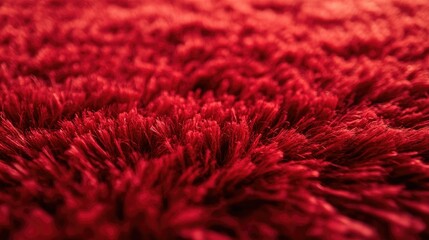 Poster - A close-up of vibrant red shaggy texture, resembling faux fur or carpet, creating a soft and inviting appearance with bold, plush fibers