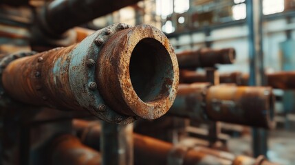 Poster - A close-up view of rusted metal pipes stacked in an industrial warehouse, showing the weathered texture and wear of aged metal in a factory setting