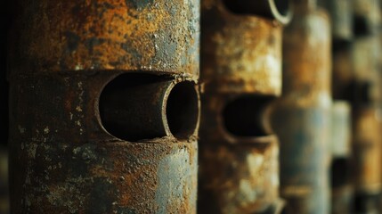 Poster - A close-up view of rusted metal pipes stacked in an industrial warehouse, showing the weathered texture and wear of aged metal in a factory setting