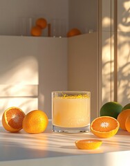 Wall Mural - A refreshing glass of orange juice surrounded by oranges on a bright countertop.