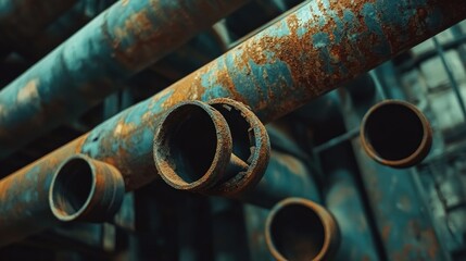 Poster - A close-up view of rusted metal pipes stacked in an industrial warehouse, showing the weathered texture and wear of aged metal in a factory setting