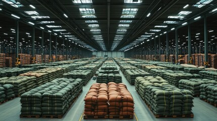 Poster - A large warehouse with neatly organized stacks of bags, creating a sense of order and efficiency in an industrial storage facility