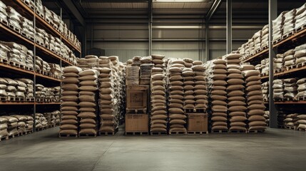 Poster - A large warehouse with neatly organized stacks of bags, creating a sense of order and efficiency in an industrial storage facility