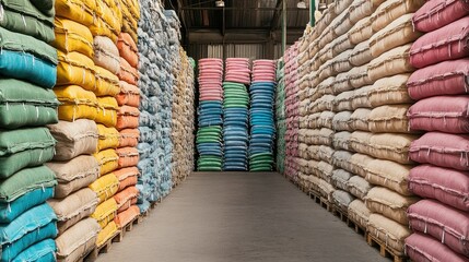 Poster - A large warehouse with neatly organized stacks of bags, creating a sense of order and efficiency in an industrial storage facility