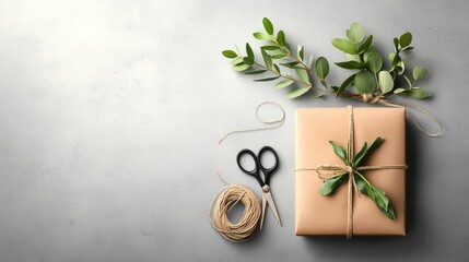 Poster - A beautifully wrapped gift in rustic brown paper, adorned with eucalyptus branches and twine, with scissors and extra twine resting on a concrete background.