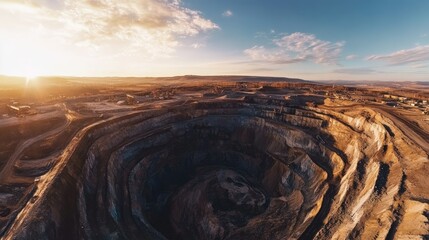 Poster - A panoramic aerial view of a large open-pit coal mine, showcasing the intricate layers of earth and coal excavation in a massive industrial operation