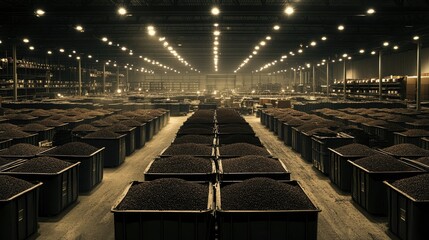 Poster - A production area filled with containers of dark grains or seeds, arranged neatly for processing, highlighting the scale of industrial operations