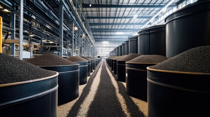 Poster - A production area filled with large containers of dark seeds or grains, stacked in an industrial warehouse, showcasing the scale of the operation