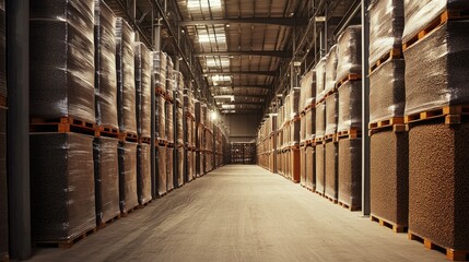 Poster - A production area filled with large containers of dark seeds or grains, stacked in an industrial warehouse, showcasing the scale of the operation